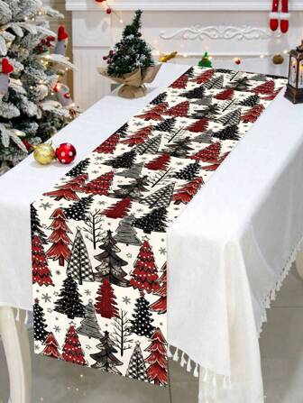 1pc 35*180cm/13.78*70.87inch Red Black Gray Christmas Tree Pattern Polyester Tablecloth, Suitable For Christmas Living Room, Dining Table, Kitchen, Window Sill Holiday Decoration, Simple Nordic Style, Winter Home Holiday Atmosphere