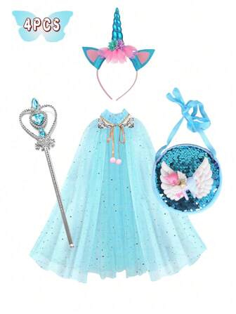 4pcsUnicorn Set, Sequin Cape, Cape Set, Unicorn Bag, Sequin Bag, Unicorn Headband, Heart Magic Wand; Very Suitable Princess Gift Sets, Very Suitable For Wearing, Easter, Halloween, Birthday Party, Christmas Gifts, Party, Thanksgiving, Holiday Dress.