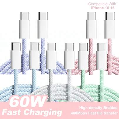 3.3ft/6.6ft USB-C To USB-C Data Cable, 60W Type-C Charger, C To C Charging Cable, Compatible With Apple 16/16 Pro Max/15 Plus/15 Pro Max, Galaxy S25/S24/S23/Note 20,