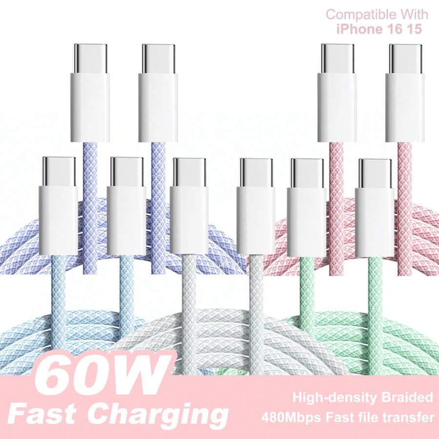 3.3ft/6.6ft USB-C To USB-C Data Cable, 60W Type-C Charger, C To C Charging Cable, Compatible With Apple 16/16 Pro Max/15 Plus/15 Pro Max, Galaxy S25/S24/S23/Note 20, - Multicolor - View 1