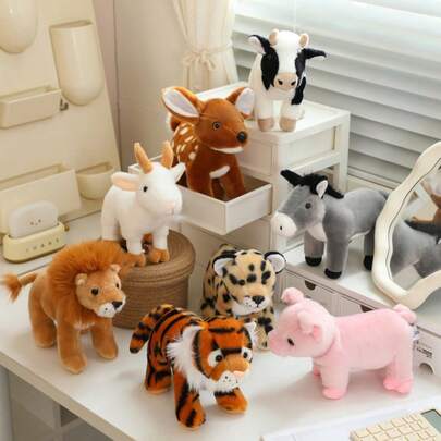 Colección de figuras realistas de animales de pie en posición natural: León, Tigre, Leopardo + Vaca, Burro - Juguetes de peluche, muñecos de compañía para niños, regalos de cumpleaños, adornos con tema de bosque