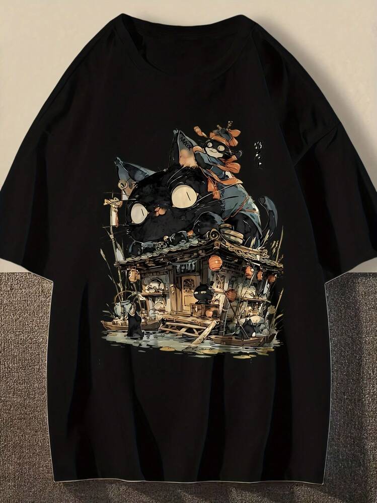 Camiseta Con Estilo Anime Japonés, Unisex De Manga Corta Y Cuello Redondo, Diseño Con Estampado De Casa Con Orejas De Gato Y Personajes De Manga, Nuevo Modelo 2026, Estilo Neutro, Regalo Festivo, Tallas S–4XL - Negro - Añade 5