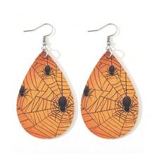 1 对哥特式蜘蛛网和豹纹泪珠吊坠耳环，万圣节 PU 双面派对耳环，万圣节耳环礼物