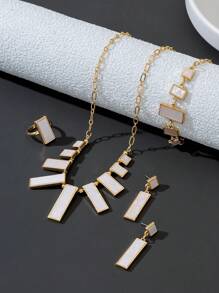 1 Set - 1 pieza Collar con colgante geométrico asimétrico blanco, 1 pieza Pulsera, 1 pieza Anillo, 1 pieza de Aretes de botón, Conjunto de Joyería para Mujer