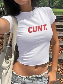 1pc Word Bold Pinkish Red  Typography Women's Fashion Short Sleeve T-Shirt, Y2K Clothes, Back To School Clothes, Vintage Clothes, Street Wear, Rock, Holiday, Vacation, Festival, Summer Tops - 白色 - 查看 1