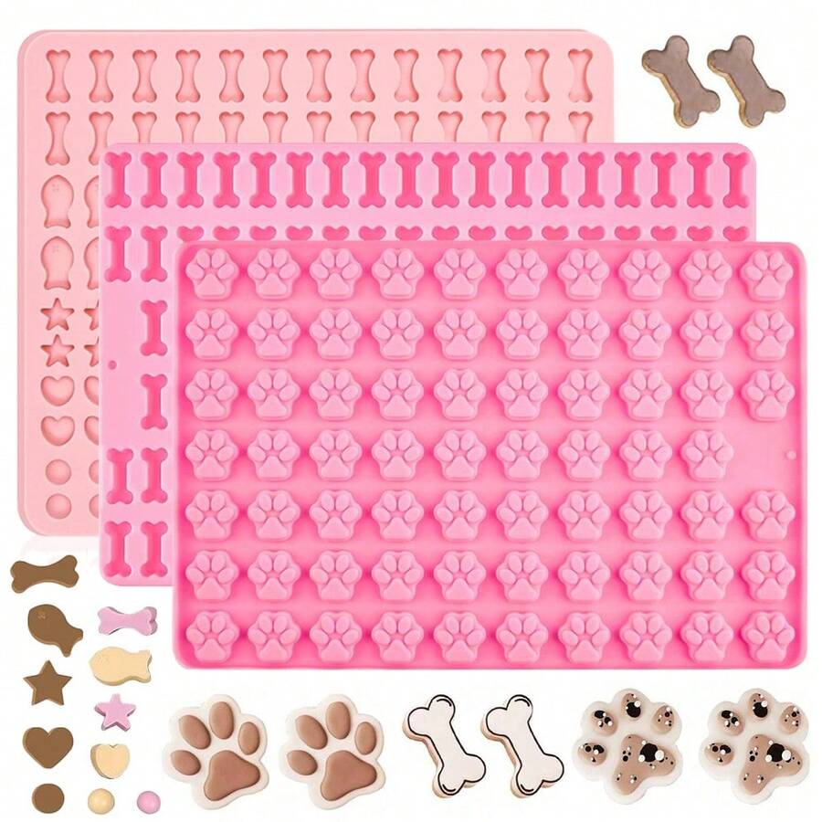 Mini Paw Print Dog Bone Silicone Molds, Paw Print Bone Mold With Star, Heart, Circle Shapes, Non-Stick Soft Candy Bear Molds, For Chocolate, Candy, Jelly, Soft Candy, Dog Treats, Cake Decorations, Snack Cookies