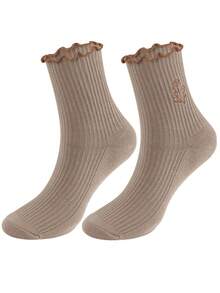 Women Cotton Super Thin Frilly Ruffle Socks Boat Socks Ankle Short Socks - 棕色 - 查看 3
