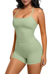 1 Pack Summer Women's Open Back Tracksuit Set Camisole Top High Waist Yoga Shorts Quick Dry Set Is Suitable For Holidays, Travel Work, Sports Wear - 綠色 - 查看 2