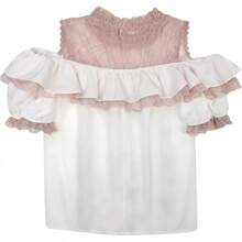 Sweet Cold Shoulder Shirt Women Lace Mesh Sheer Short Sleeve Blouse Vintage Ruffle Button Cute Tops - 白色 - 查看 3