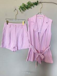 FANNY MODAS WOMEN'S SET OF SHORTS AND BLAZER WITH BUTTONS AND TIES Simple Elegant Casual Pocket Buttons On The Front Button Home - Màu Hồng baby - Xem 2