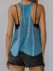 Women Summer Sleeveless Round Neck Tank Tops Vintage Floral Print Asymmetrical Hem Vest Shirts - 藍色 - 查看 2