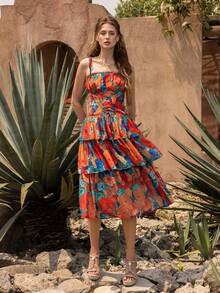 Faeriesty BohoBloom 印花吊带系带荷叶边连衣裙 - 适合海滩度假、休闲外出和节日活动，优雅大方 - 橘色 - 查看 8