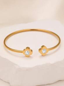 优雅时尚的四叶草彩色方晶锆石不锈钢女士手链套装，适合日常、晚会、情侣约会、送礼 - 金黃色 - 查看 13