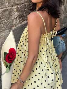 Vintage Polka Dot All Over Print Bohemian Casual Pleated Elastic Waist Ruffle Hem Cami Mini Dress Or Skirt With Styling Versatility - Màu vàng - Xem 11