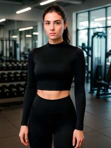 Gym Set Long Sleeve Crop Top Open Back + Tight Leggings Winter Workout Gym Clothing - màu đen - Xem 2