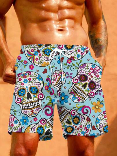 Plus Size Men's Skull 3D Print Drawstring Waist Pocket Shorts, Unique Fashion Beach & Vacation Casual Shorts