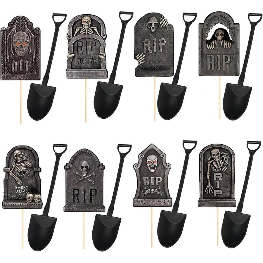 16/48 Pcs Halloween Cupcake Decorations, Gravestone Graveyard Cupcake Toppers, Novelty Mini Shovels, Suitable For Day Of The Dead Party, Birthday Party Decorations - Multicolor - View 1