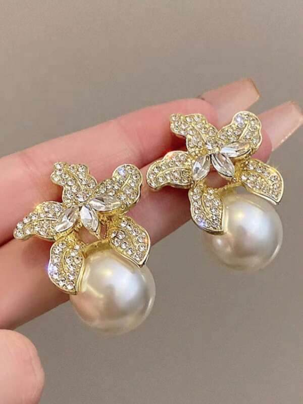 1 par de pendientes colgantes de flor y perla con brillo estilo francés de lujo, elegantes y exagerados de alta gama, gran regalo para mujeres