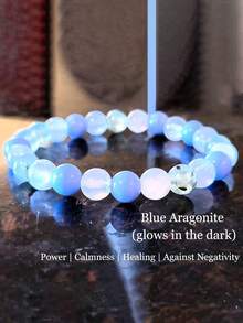 YAUKIA 1 件极其罕见的蓝色霰石和葡萄石串珠手链，能量、镇静、治愈脉轮手链 - 夜光宝石手链首饰 - 彩色 - 查看 8