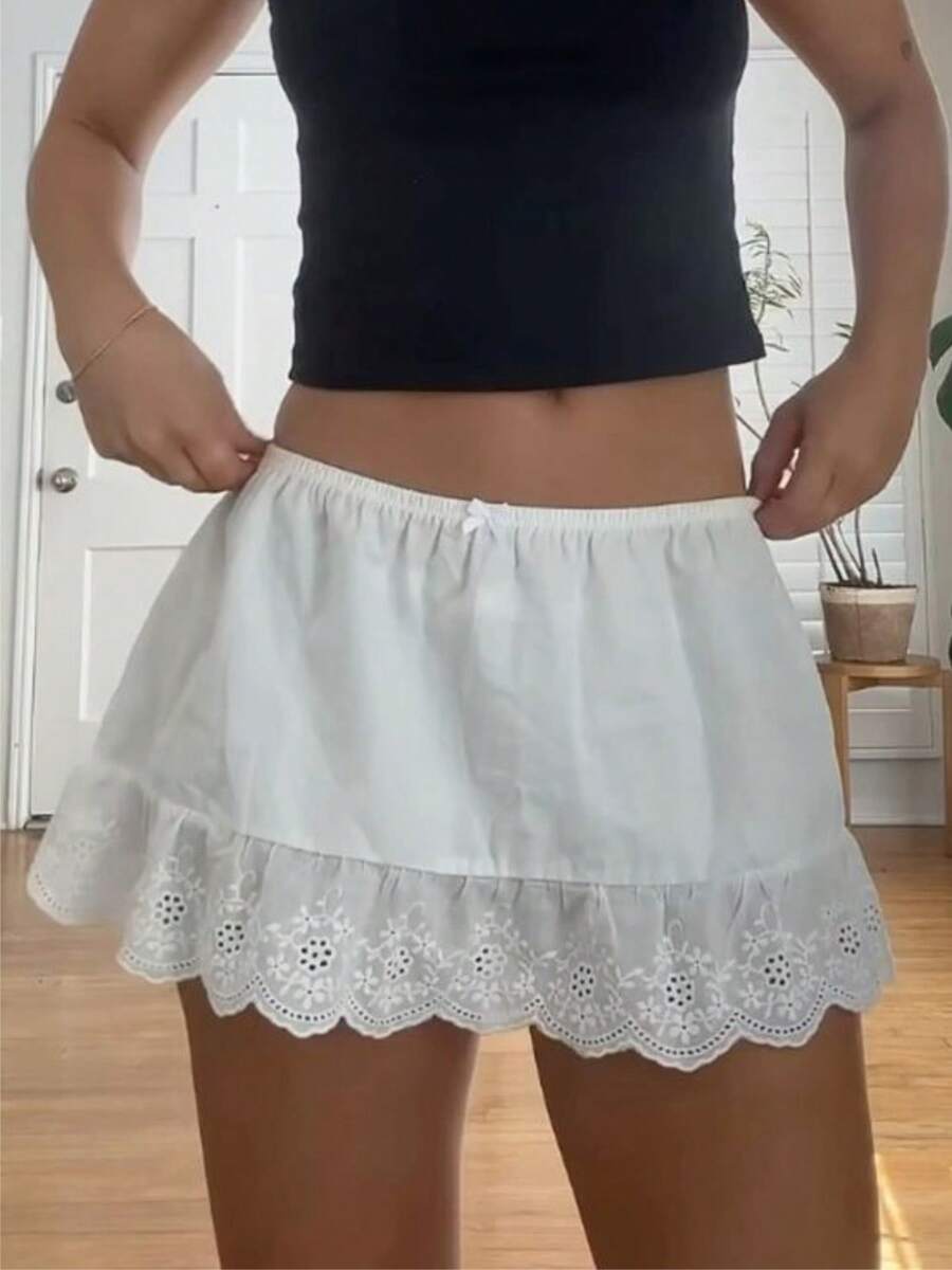 Women Y2K Eyelet Lace Floral Mini Skirt Low Rise Elastic Waist Summer Casual A Line Fairycore Short Skirts Underskirts - 白色 - 查看 1