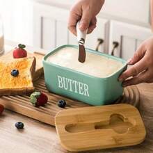 Nordic Minimalist Style Ceramic Butter Dish With Bamboo Lid And Knife - 600ml Airtight Refrigerated Storage Container, Easy To Clean, Perfect For Cheese And Spread Storage, Kitchen Accessory, Butter Storage|Minimalist Kitchenware|Airtight Container