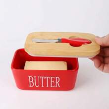 Nordic Minimalist Style Ceramic Butter Dish With Bamboo Lid And Knife - 600ml Airtight Refrigerated Storage Container, Easy To Clean, Perfect For Cheese And Spread Storage, Kitchen Accessory, Butter Storage|Minimalist Kitchenware|Airtight Container