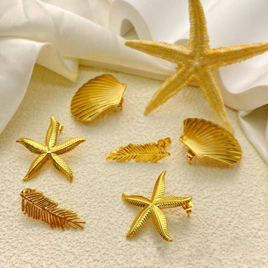 3pcs/Set Summertime Beach-Style Starfish Pendant Stainless Steel Plated Gold Earrings, Fashion Jewelry Gift For Women