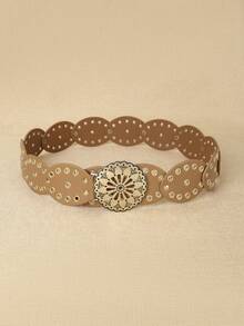 1pc Women's Street Style Western Boho Chic Heavy Metal Oval Patchwork Gold Lace Hollow Circle Buckle Rivet Waist Decoration Waist Belt Fashion Dress Accessory, Suitable For Various Gatherings, Parties, Casual Occasions Fall, Autumn, Halloween - Splicing - View 7