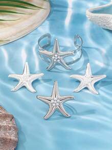1 set de bracelet ouvert avec pendentif étoile de mer, bague avec pendentif étoile de mer et boucles d'oreilles avec pendentif étoile de mer. Style de station balnéaire européen et américain. Ensemble de bracelets, bagues et boucles d'oreilles pour femmes