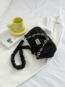 简约褶皱亮片纯色手提包，时尚亮片百搭单肩包，优雅褶皱云形手提包，搭配褶皱亮面 PU 皮革 - 黑色 - 查看 9