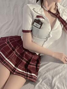 1 件性感学生制服角色扮演服装，百褶裙格子套装，角色扮演服装，情人节礼物