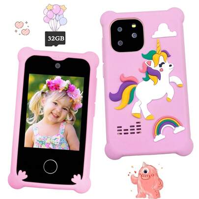 2.8 Inch Children's Smart Toy Mobile Phone, Children's Touch Screen Mobile Phone With Dual Cameras, Soft Silicone Sleeve And 32G Memory Card, Puzzle Game + Music Player, The Best Easter Birthday Gift For Boys And Girls Aged 3-12