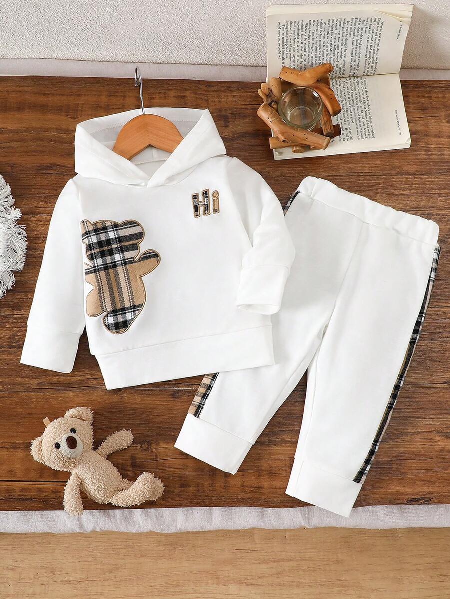 2 piezas/set de camiseta de manga corta y pantalones deportivos para exteriores con parche bordado de oso de dibujos animados a cuadros para niños, primavera/agosto - Blanco - Ver 1