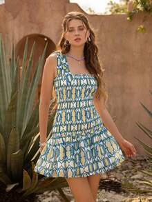 Faeriesty Đầm BohoBloom kiểu dáng thường ngày, buộc dây vai, xếp ly | Trang phục đi nghỉ mát dáng suông với phần eo thắt | Thích hợp cho bãi biển, dạo chơi công viên, dã ngoại, lễ hội âm nhạc, mùa hè thanh lịch - Màu xanh Ô liu - Xem 1