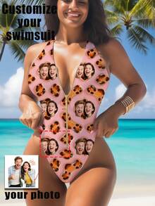 1pc Customized Women's Swimsuit, Face Customized, Couple Customized, Women's Zipper Strap Backless Swimsuit, Women's High Waist Sleeveless Sexy Swimsuit, Teenage Girl Style, Suitable For Swimming Pool, Beach, Holiday - Pink - View 1