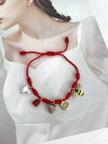 1件波西米亚风创意时尚优雅奢华铜镶嵌合成锆石地球、瓢虫、草莓、蜜蜂、邪眼编织手链，适合女性、姐妹、情侣、毕业礼物、日常佩戴、派对、节日、度假，尺寸可调节 - 彩色的 - 查看 17