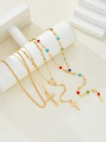 4pcs/Set Layered Summer Bohemian Cross & Virgin Mary Beaded Necklace, Suitable For Vacation, Prayer, Baptism Wearing