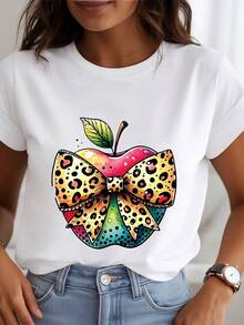Ladies' T-Shirt, Summer Women's Fun Apple Print T-Shirt, Available In Black/White, Casual Round Neck T-Shirt, Suitable For Summer Vacation Tops.