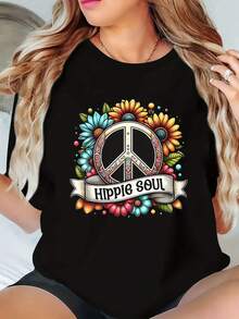 Floral Peace Sign Shirt Peace Symbol Shirt Hippie Life Shirt Boho Peace Shirt, Wildflowers T-Shirt, Graphic Tees For Women, Motivational Tee - 黑色 - 查看 1