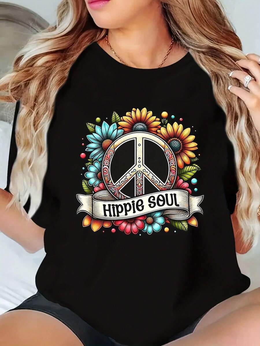 Floral Peace Sign Shirt Peace Symbol Shirt Hippie Life Shirt Boho Peace Shirt, Wildflowers T-Shirt, Graphic Tees For Women, Motivational Tee - 黑色 - 查看 1