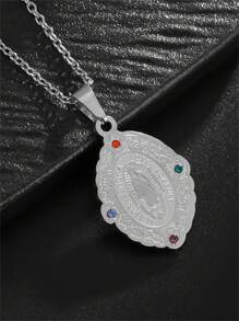1pc Fashionable Colorful Cubic Zirconia Virgin Mary Pendant Necklace, Stainless Steel Jewelry Gift For Women