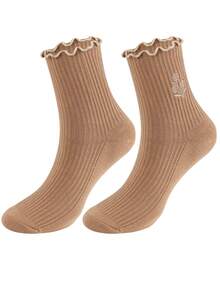 Women Cotton Super Thin Frilly Ruffle Socks Boat Socks Ankle Short Socks - Khaki - View 5