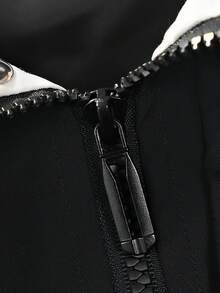 Plus Size Hooded Jacket Outer, Striped Tape Patchwork Casual Jacket, Suitable For Autumn/Winter - Black - View 4