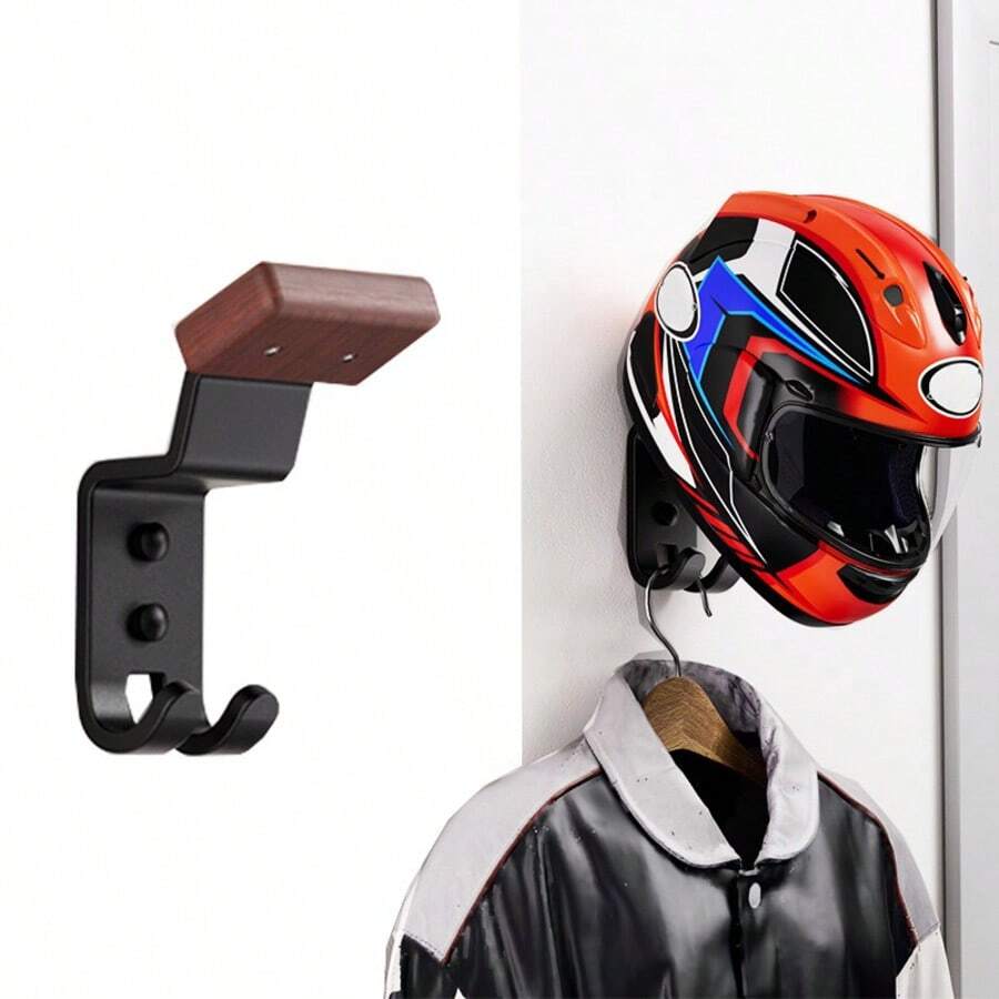 1 PIEZA Soporte para casco de motocicleta, estante para casco con doble gancho, perchero para casco de fútbol, sombreros, abrigos, accesorios de motocicleta - Negro - Ver 1