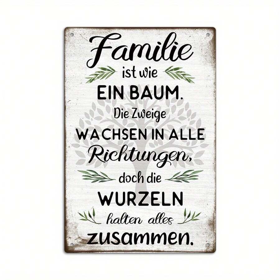 1pc German "Family Is Like A Tree" Vintage Metal Sign Retro Family Tree Inspirational Wall Decor For Home Living Room Gift. Waterproof And Easy To Hang.Ideal For Indoor And Outdoor Wall Art Decoration, It Can Be Used For Wall Decor, Room Decor, Bedroom Decor, Dining Room Decor, Bar Decor, Cafe Decor, School Decor, Library Decor, Entrance Decor, Garage Decor, Home Decor, Office Wall Decor, Farmhouse Decor, Porch Decor, Garden Decor And Shop Decor.It Is The Perfect Gift For Birthdays, Anniversaries, Valentine's Day, Mother's Day, Father's Day, New Year And Other Occasions.It Is An Ideal Personalized Gift For Her, Him, Family, Boyfriend, Girlfriend, Father, Mother, Lover, Daughter, Son, Grandfather, Grandmother And Friends – A Perfect Metal Sign Gift.Dimensions: 18*8 Inches - 1PC - 查看 1
