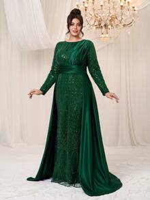 YISIKADO Plus Size Women Formal Party Evening Gown Luxurious Elegant Sequin Contrast Satin Modest Long Sleeve Dress Birthday Banquet Graduation Dinner Ball Ceremonial Dress - 墨綠色 - 查看 5
