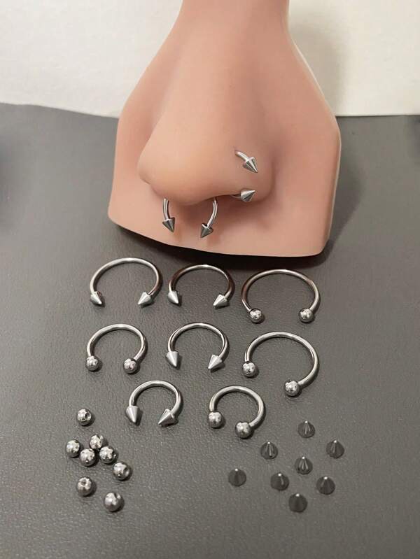 16pcs Stainless Steel Nose Septum Rings With Replacement Threaded Balls Horseshoe Hoop Tragus Helix Earrings, Eyebrow Lip Rings, Body Piercing Jewelry
