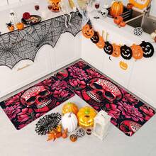 1/2 Stücke Halloween Fußmatte, Horror Rot Schädel und Blumenmuster Küchen Bodenmatte, perfekt für Innen- / Außenbereich, Familienzusammenkünfte, Küche, Esszimmer, Halloween Dekoration, Heimdekoration - Verschiedenfarbig - Übersicht 5