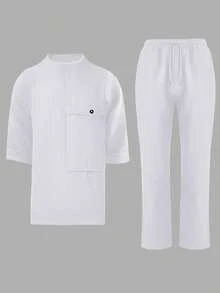 2件套，春夏新款男士 Dashiki，黑色中袖，大口袋，卷袖，圆领，松紧腰裤，非洲服装，男士休闲短袖裤2件套，街头服饰，派对，约会，婚礼，商务，日常穿着，文化活动，传统仪式 - 白色 - 查看 3