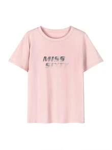 Women's T-Shirt, Short Sleeve, Crew Neck, Summer, Simple, 100% Cotton, Miss Sixty Print - 粉色 - 查看 2
